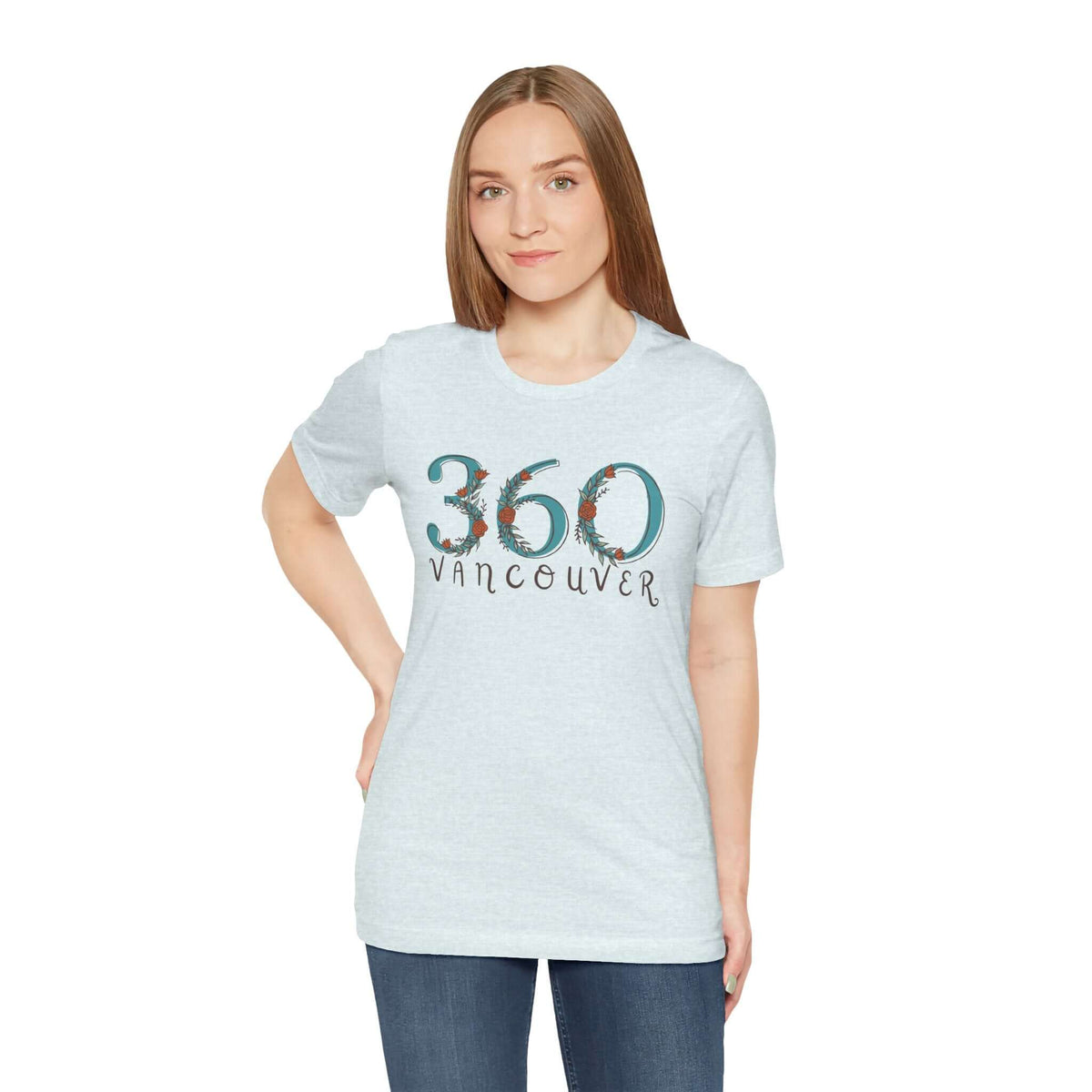 Woman wearing 360 Floral Area Code soft tee with Vancouver design, showcasing Pacific Northwest style.