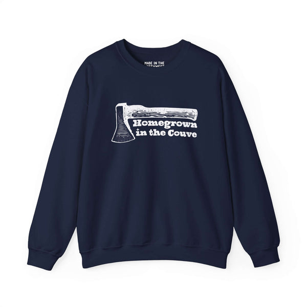 Homegrown in the Couve sweatshirt with axe design, representing Vancouver's craftsmanship and Pacific Northwest pride.