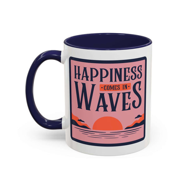 Happiness Comes in Waves mug with coral sunset design and navy handle, showcasing a coastal vibe.