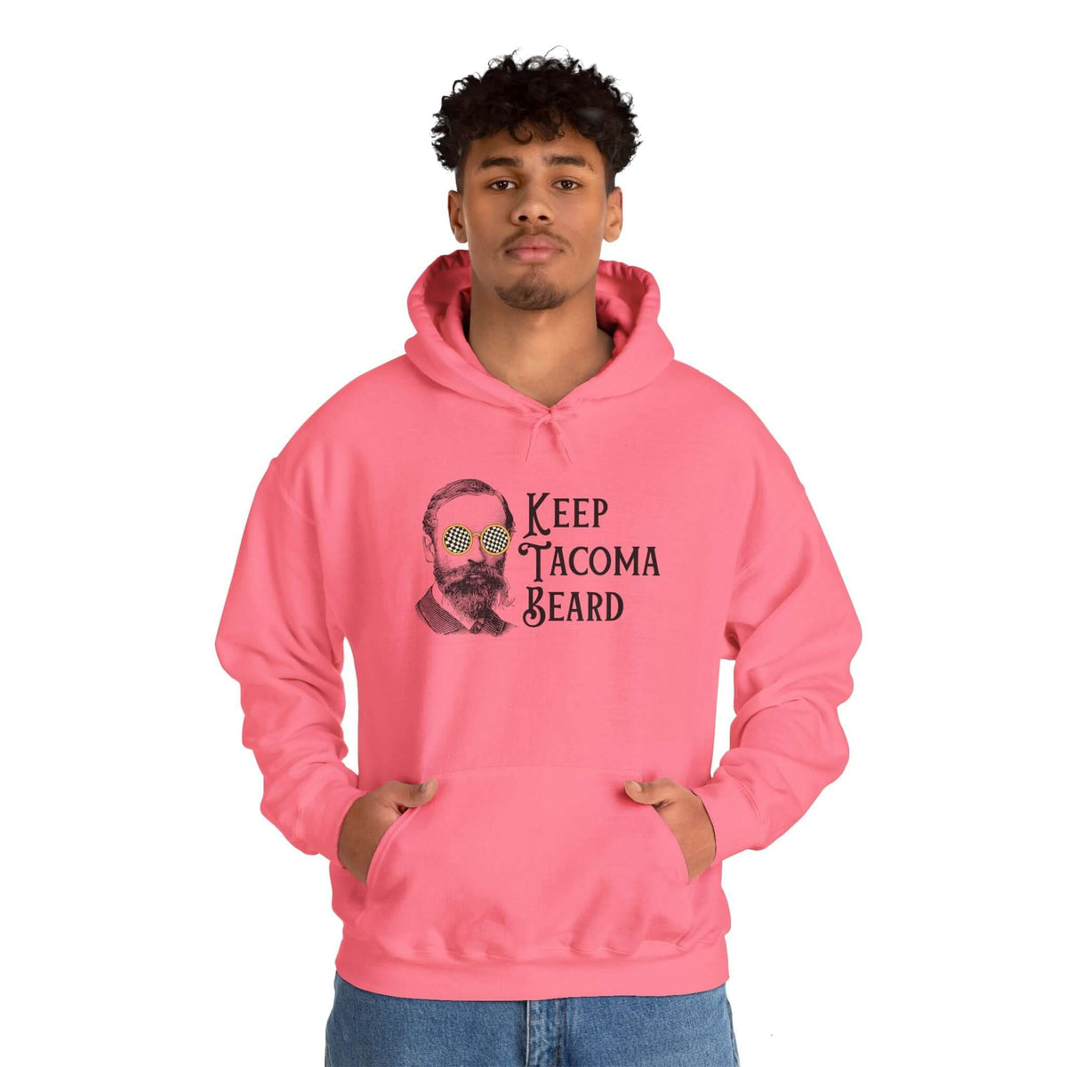 Keep Tacoma Beard hooded sweatshirt in vibrant pink featuring a bearded man with sunglasses.