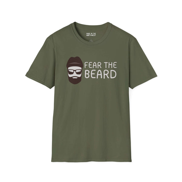 Fear the Beard Lumberjack Softstyle T-Shirt in olive green featuring a playful beard graphic.
