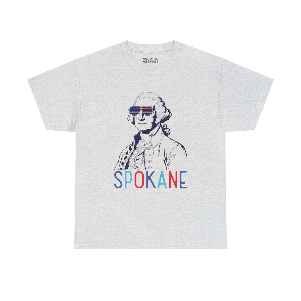 Spokane patriotic tee featuring George Washington with USA sunglasses, celebrating July 4th and Inland Northwest pride.