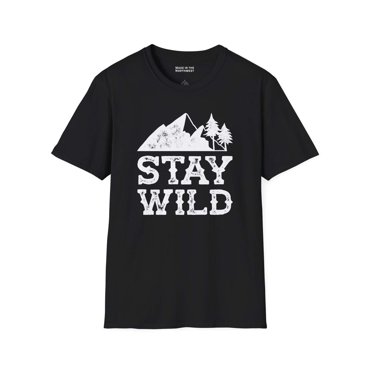 Stay Wild T Shirt featuring a mountain and tree design on a black background.