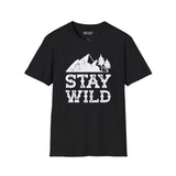 Stay Wild T Shirt featuring a mountain and tree design on a black background.