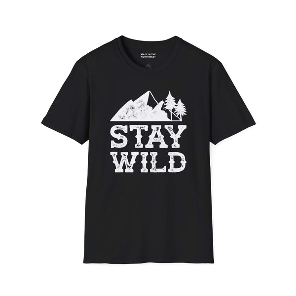 Stay Wild T Shirt featuring a mountain and tree design on a black background.