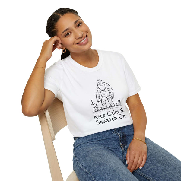 Woman wearing Keep Calm & Squatch On Bigfoot t-shirt, perfect for Bigfoot believers and enthusiasts.