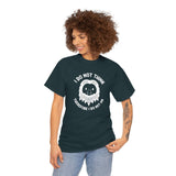 Person wearing I Do Not Think Sasquatch Athletic Tee featuring a Bigfoot graphic and humorous philosophical quote.
