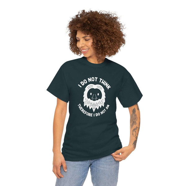 Person wearing I Do Not Think Sasquatch Athletic Tee featuring a Bigfoot graphic and humorous philosophical quote.