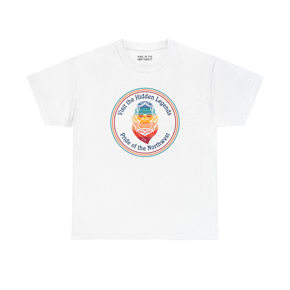 White athletic tee featuring 'Visit the Hidden Legends' with Bigfoot graphic, celebrating Northwest pride.