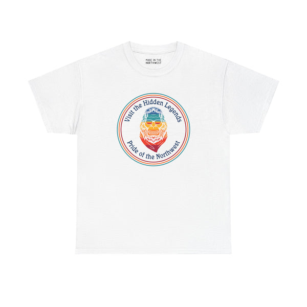 White athletic tee featuring 'Visit the Hidden Legends' with Bigfoot graphic, celebrating Northwest pride.