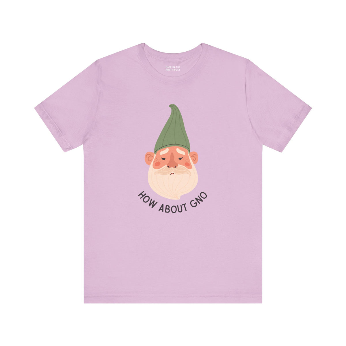Light purple tee featuring a grumpy gnome and the text 'How About Gno' for playful expression among gnome lovers.