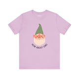 Light purple tee featuring a grumpy gnome and the text 'How About Gno' for playful expression among gnome lovers.