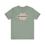 love always wins t shirt in olive green with bold typography celebrating love and pride.