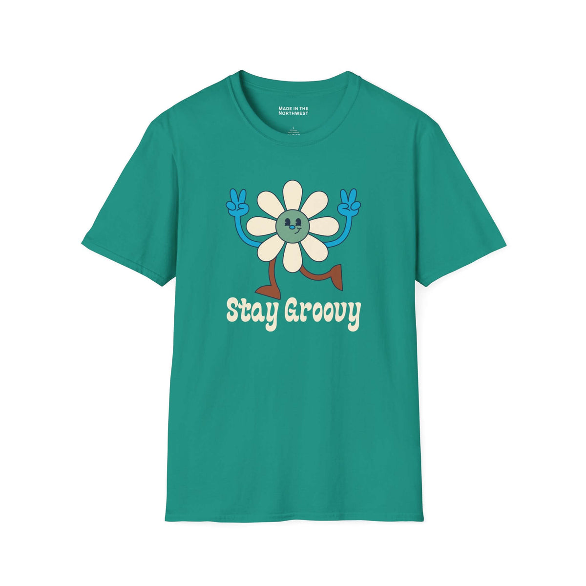 Stay Groovy T Shirt featuring a cheerful flower design in vibrant colors, perfect for a laid-back vibe.