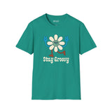 Stay Groovy T Shirt featuring a cheerful flower design in vibrant colors, perfect for a laid-back vibe.