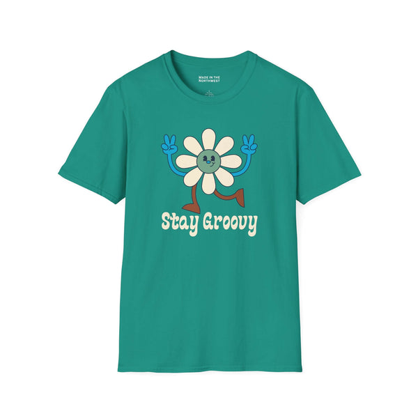Stay Groovy T Shirt featuring a cheerful flower design in vibrant colors, perfect for a laid-back vibe.