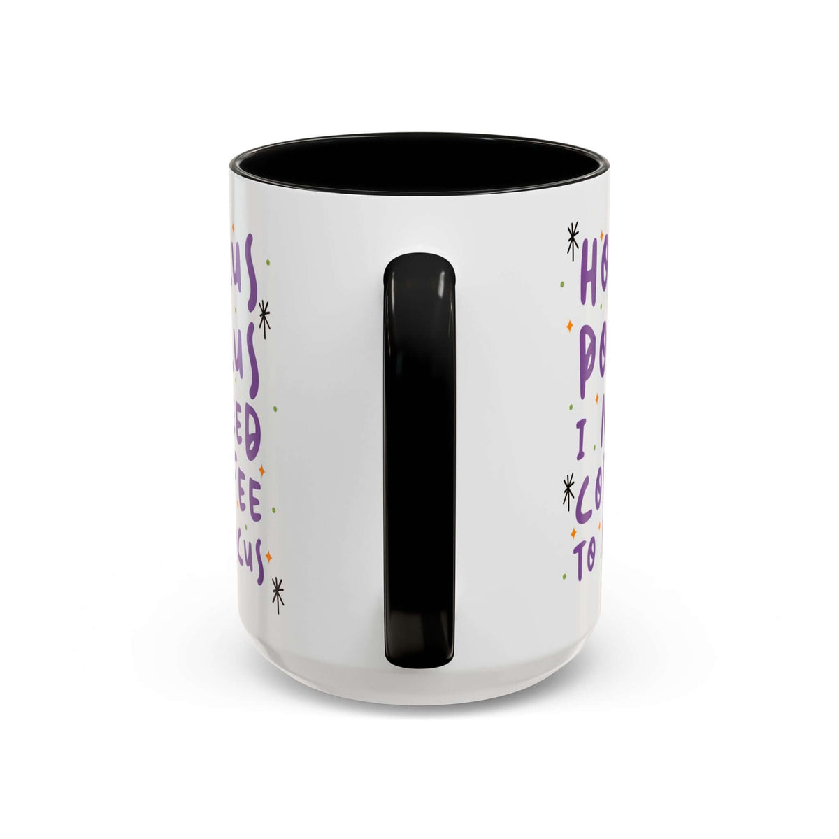 Hocus Pocus I Need Coffee To Focus Mug featuring whimsical lettering and a black handle.