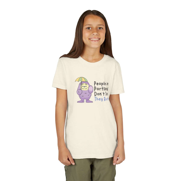 Kids wearing People in Portland Don't Tan, They Rust tee with a Purple People Eater holding an umbrella.