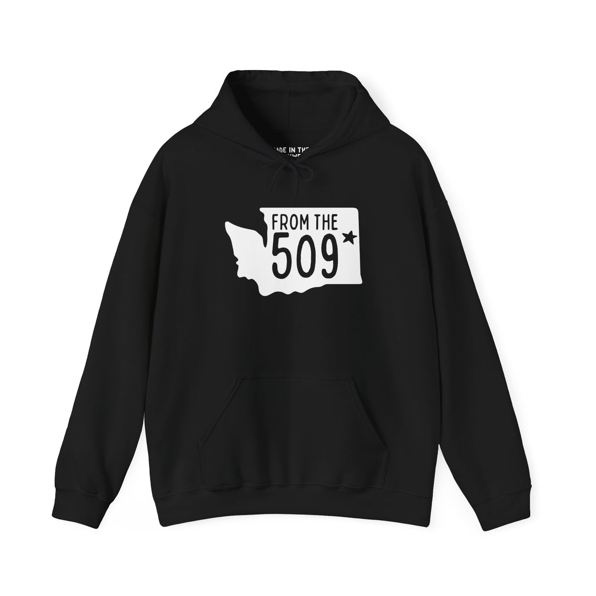 Black hoodie with 'From the 509' and Washington state silhouette, showing local pride for Spokane.