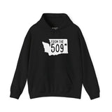 Black hoodie with 'From the 509' and Washington state silhouette, showing local pride for Spokane.