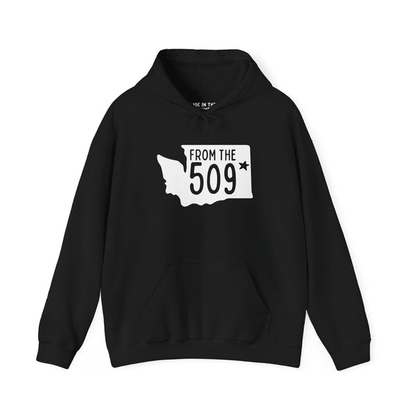 Black hoodie with 'From the 509' and Washington state silhouette, showing local pride for Spokane.