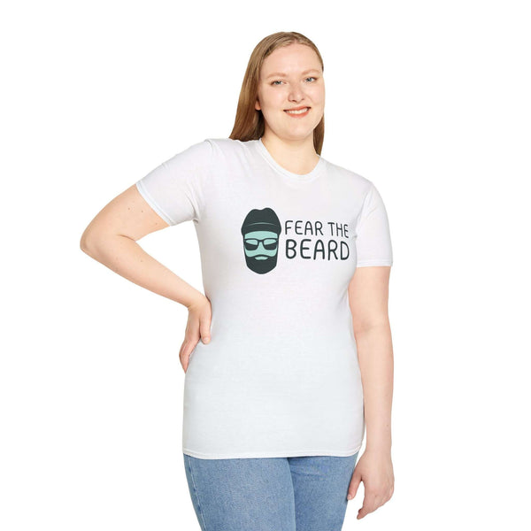 Woman wearing a white Fear the Beard Lumberjack Softstyle T-Shirt featuring a fun beard graphic.