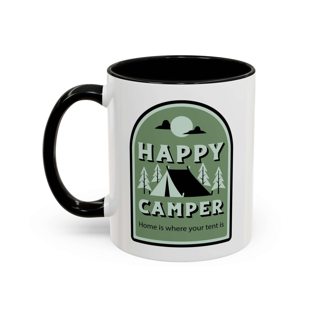 Happy Camper Mug with tent, pine trees, and rising moon design on glossy ceramic.