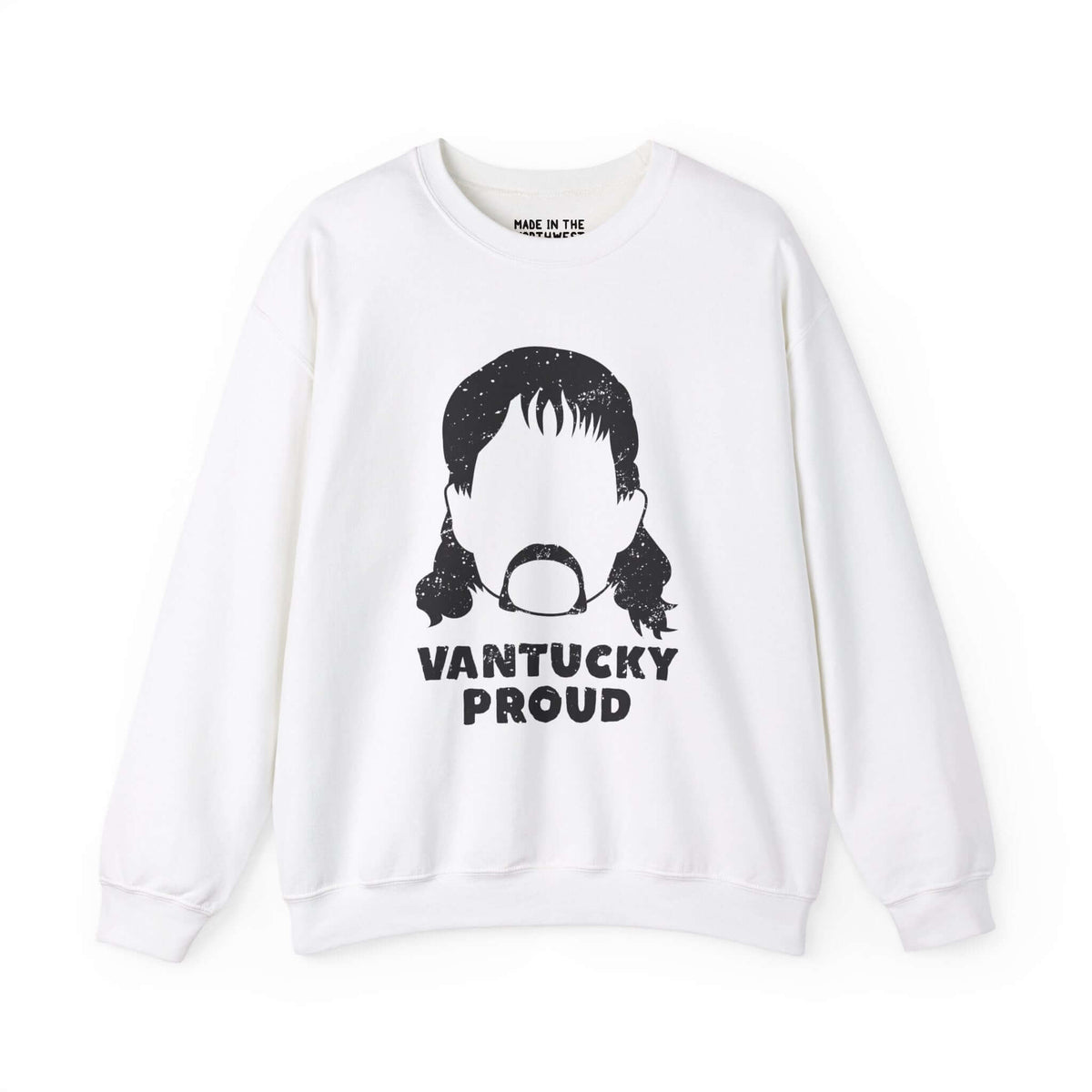 White sweatshirt featuring 'Vantucky Proud' design with a graphic of Rusty McCoy's silhouette, symbolizing resilience and strength.