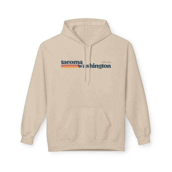 Retro Tacoma Hoodie featuring a minimalist Tacoma graphic in warm retro stripes.