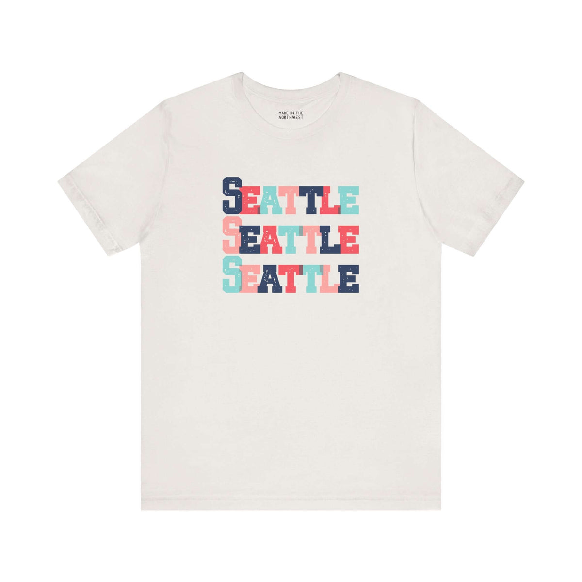 Bold Seattle trio premium soft tee with colorful block letters, perfect for fans of the Emerald City.