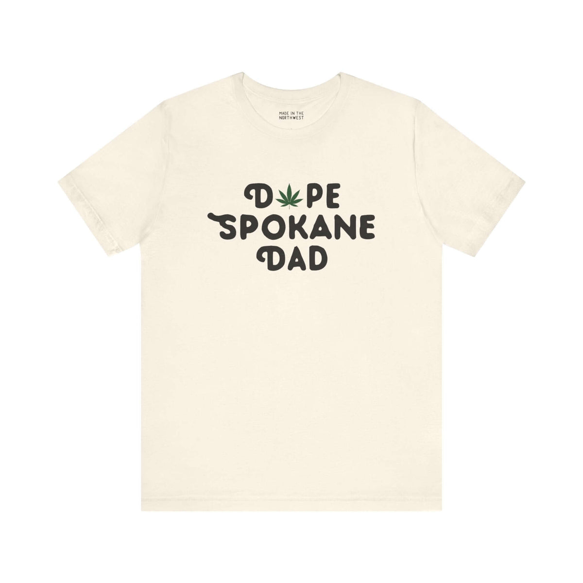 Dope Spokane Dad t-shirt with marijuana leaf graphic, celebrating local style in Lilac City and Washington state pride.