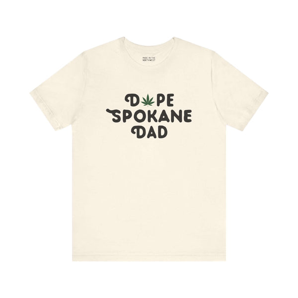 Dope Spokane Dad t-shirt with marijuana leaf graphic, celebrating local style in Lilac City and Washington state pride.