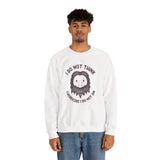 White sweatshirt with Bigfoot design and 'I Do Not Think Therefore I Do Not Am' text, perfect for humor and philosophy lovers.