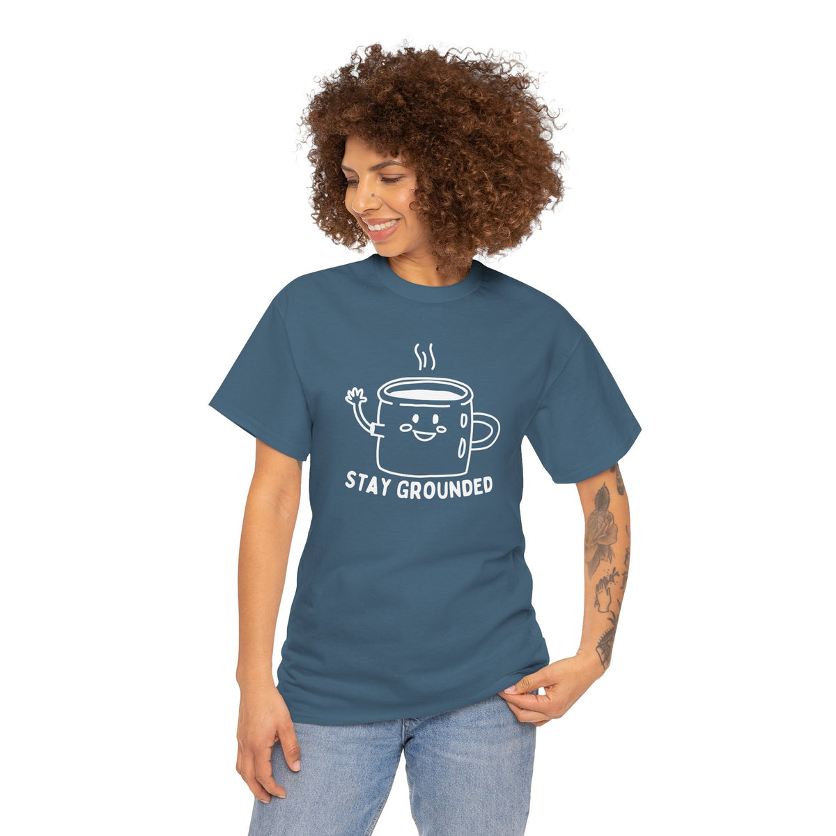 Comfortable Stay Grounded and Caffeinated tee with fun coffee mug graphic, perfect for coffee lovers.