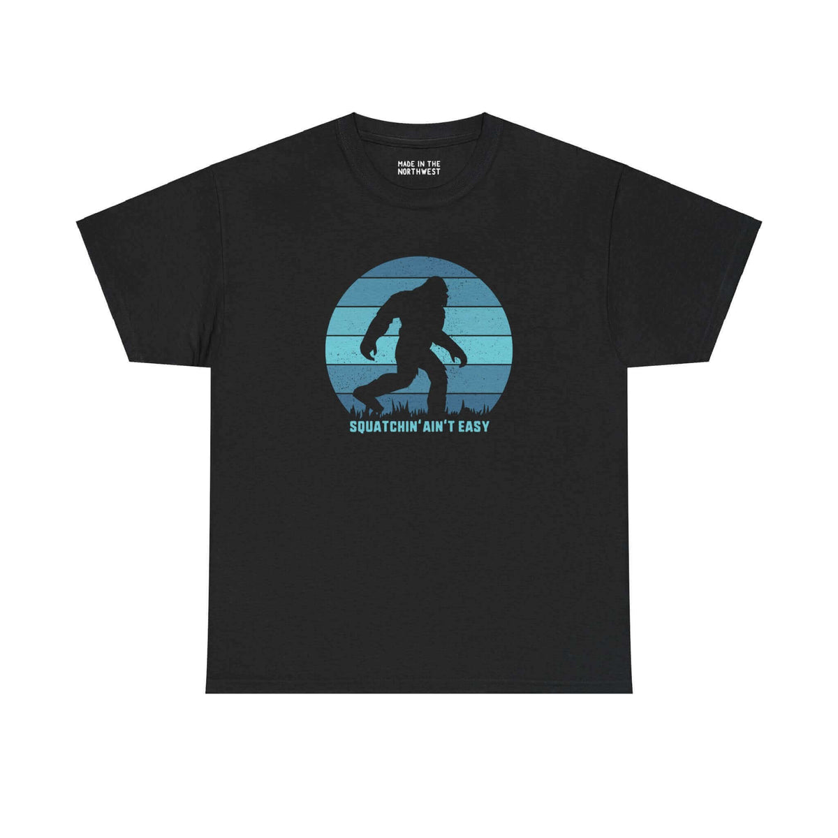 Black athletic tee with Sasquatch silhouette and "Squatchin' Ain't Easy" slogan, perfect for Bigfoot enthusiasts.