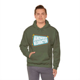 Man wearing Retro Roadside Vancouver Sign Hoodie with 50s-inspired design and bold colors, capturing vintage mid-century charm.