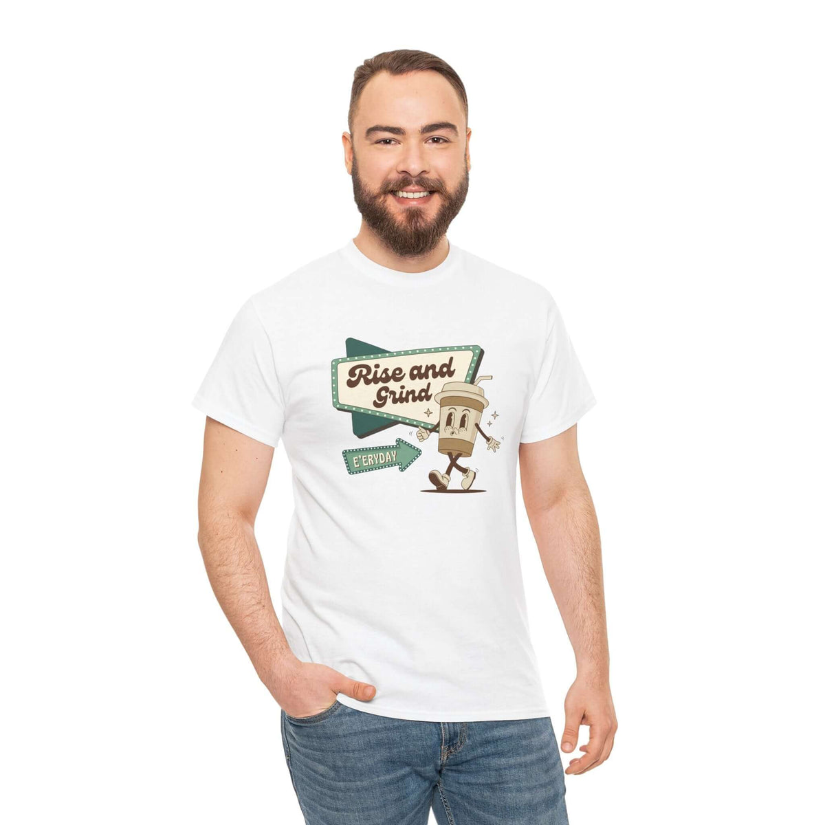 Man wearing white "Rise and Grind E'eryday" coffee-themed athletic tee, smiling against a white background.