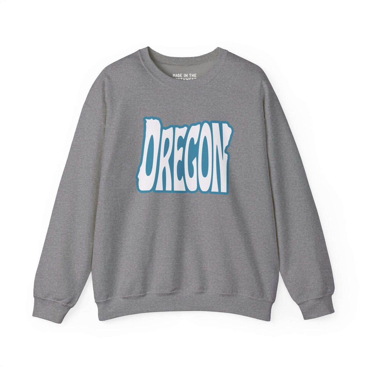 Oregon State of Mind typography sweatshirt with "Oregon" in state shape, perfect for Pacific Northwest enthusiasts.