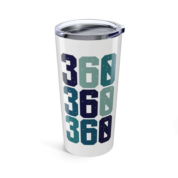 360 Area Code Coffee Tumbler featuring blue 360 design, perfect for hot or cold beverages, durable stainless steel.