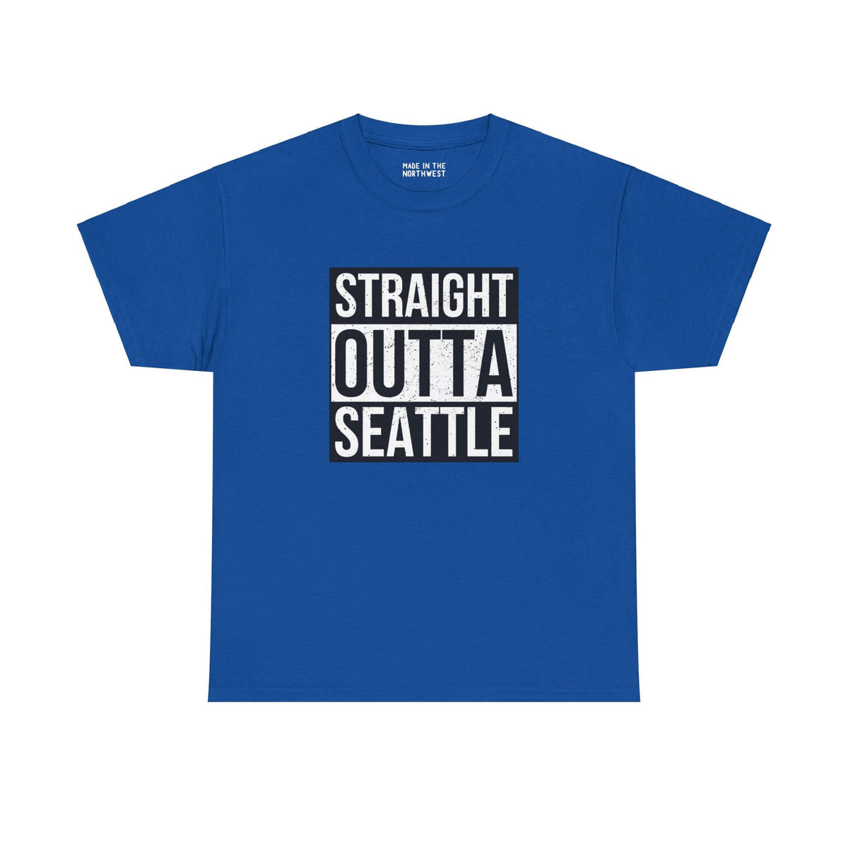 Blue "Straight Outta Seattle" athletic tee with bold streetwear design showcasing local pride.