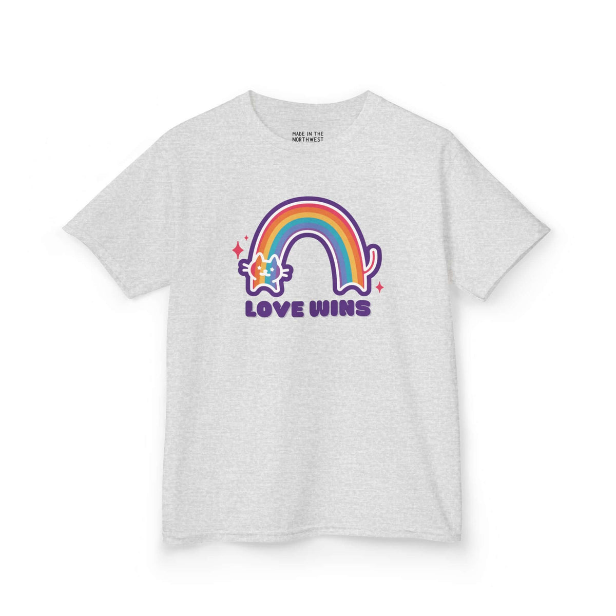 Love Wins Rainbow kids' tee featuring a colorful rainbow and adorable cat design, symbolizing kindness and joy.