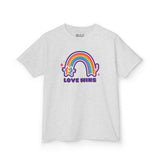 Love Wins Rainbow kids' tee featuring a colorful rainbow and adorable cat design, symbolizing kindness and joy.