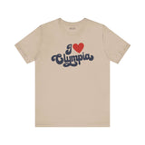 I love Olympia t shirt featuring a cursive design in beige color with a red heart.