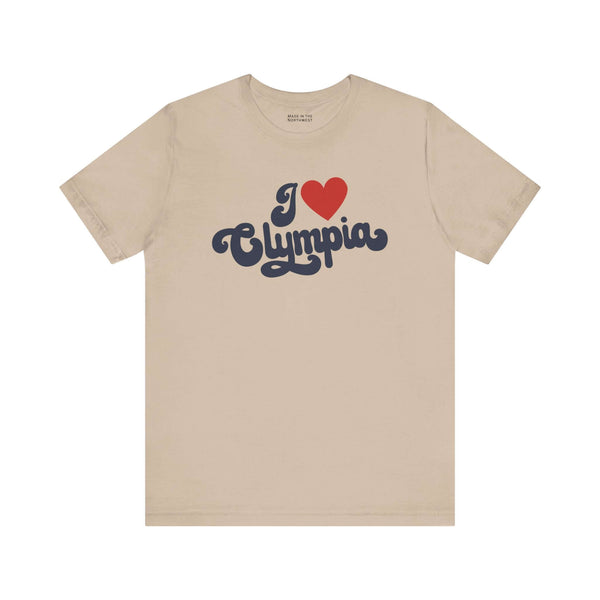 I love Olympia t shirt featuring a cursive design in beige color with a red heart.