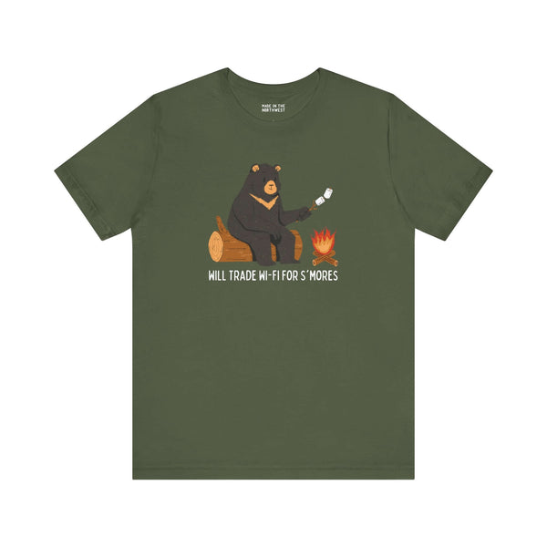 Will Trade Wi-Fi for S'mores tee featuring a bear by a campfire roasting marshmallows, perfect for outdoor enthusiasts.