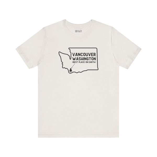 Vancouver Washington soft tee featuring state outline and heart design, perfect for showing hometown pride.