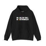 Cozy black hoodie with 'Made in the Northwest' text, showcasing nature-inspired design for PNW enthusiasts.