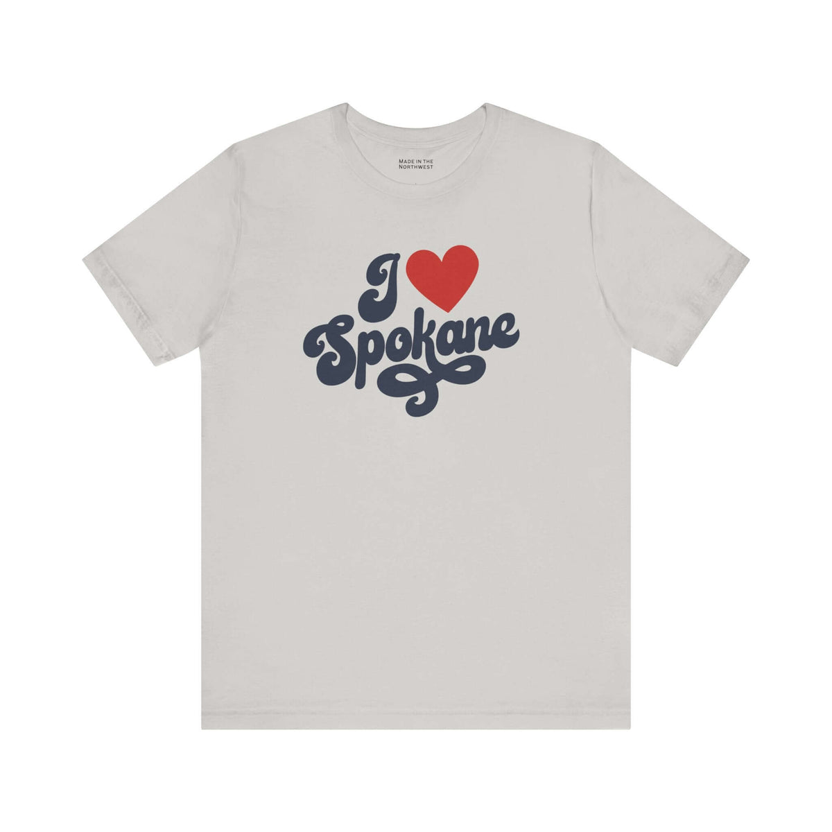 I love Spokane t shirt featuring a cursive design on a light gray background.
