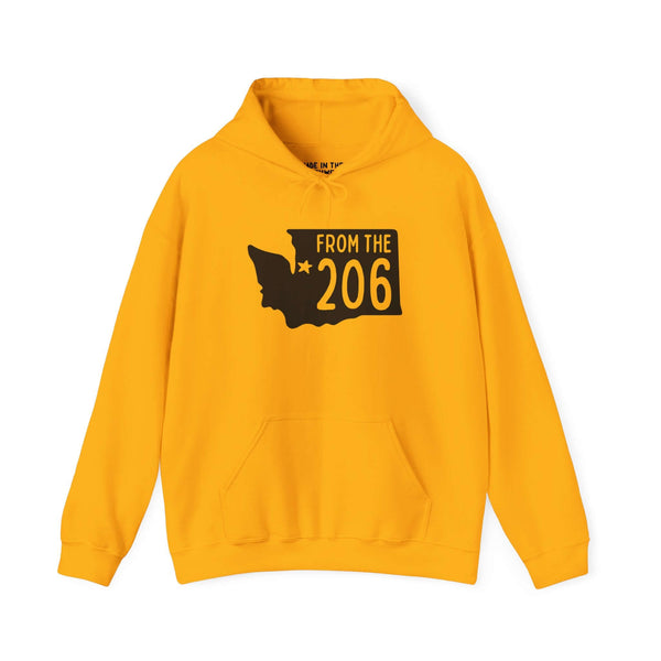 From the 206 Seattle hoodie in yellow featuring Washington state outline and Seattle star.