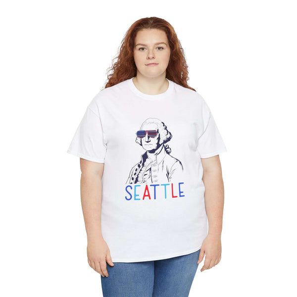Woman wearing a white Seattle athletic tee featuring George Washington in USA shades, perfect for Independence Day.